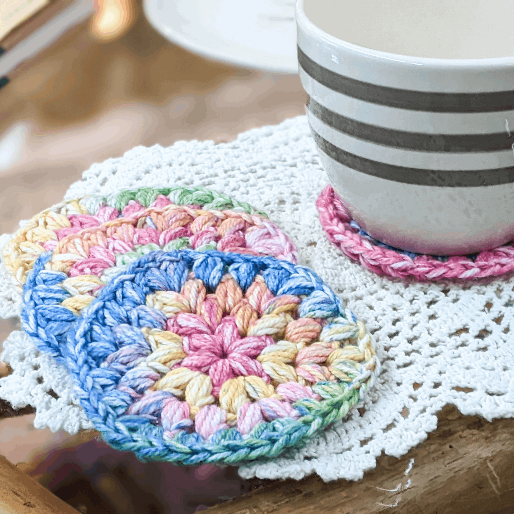 Rainbow Crochet Coaster Set