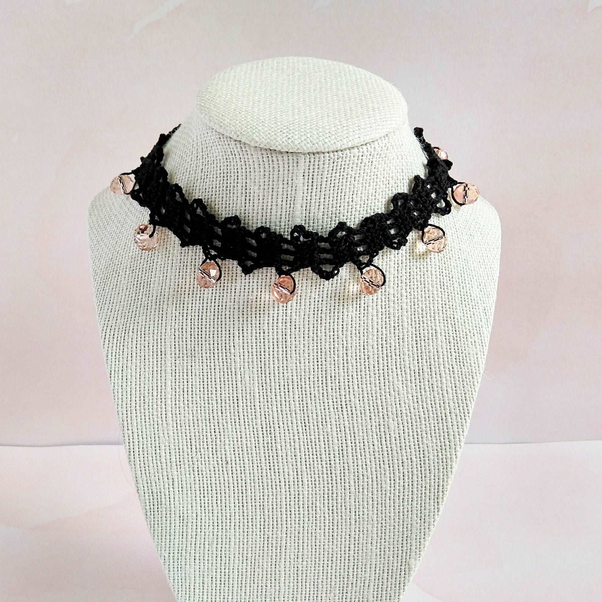 Black Beaded Lace Choker Necklace with Peach Beads