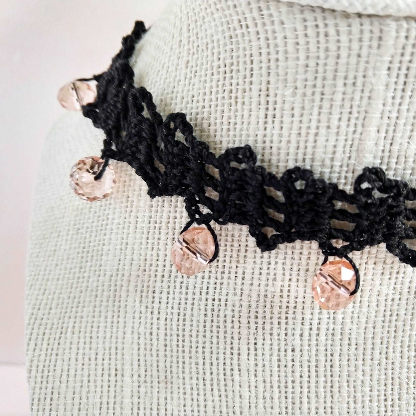 Black Beaded Lace Choker Necklace with Peach Beads