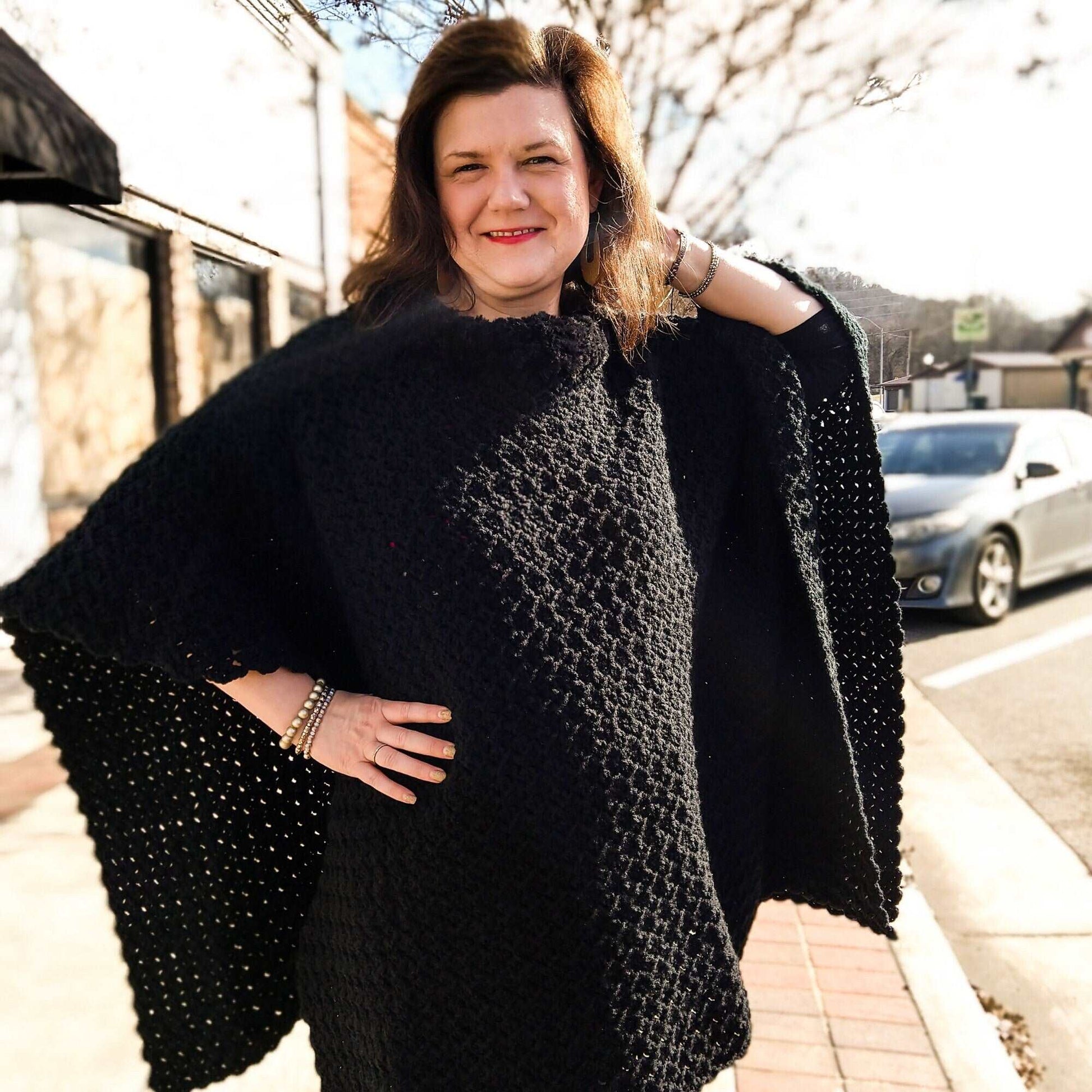 Black Poncho with Faux Fur Trim