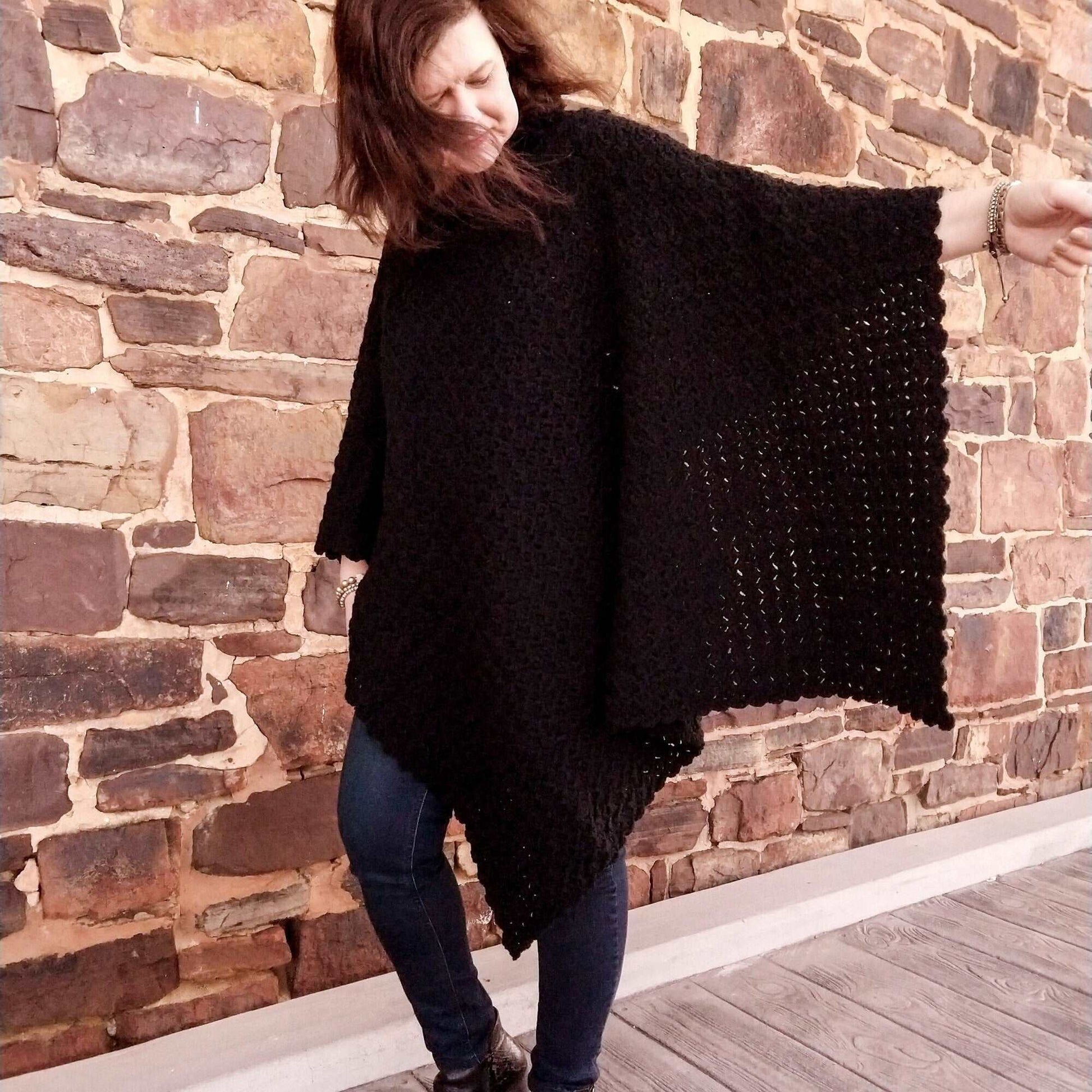 Black Poncho with Faux Fur Trim