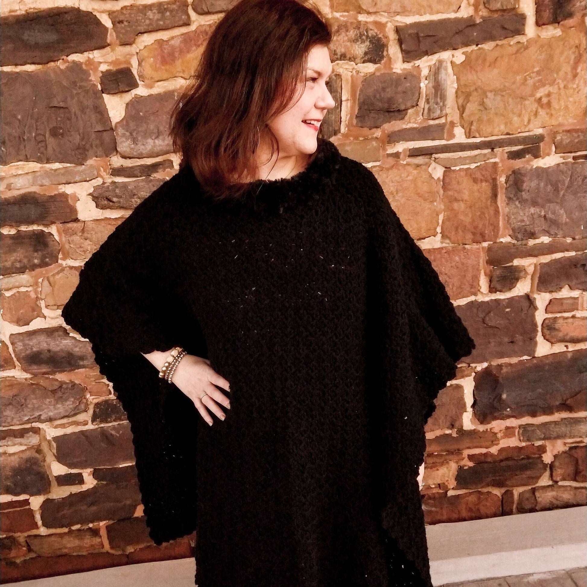 Black Poncho with Faux Fur Trim