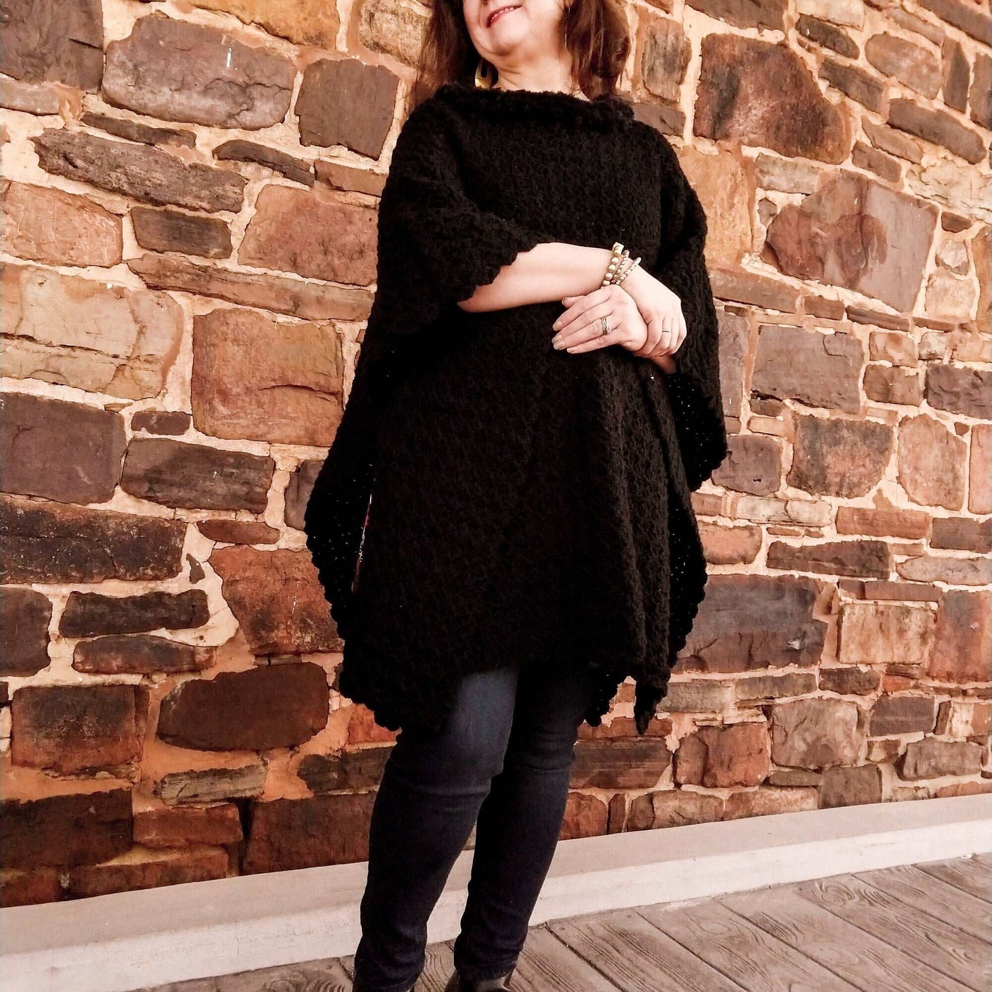 Black Poncho with Faux Fur Trim