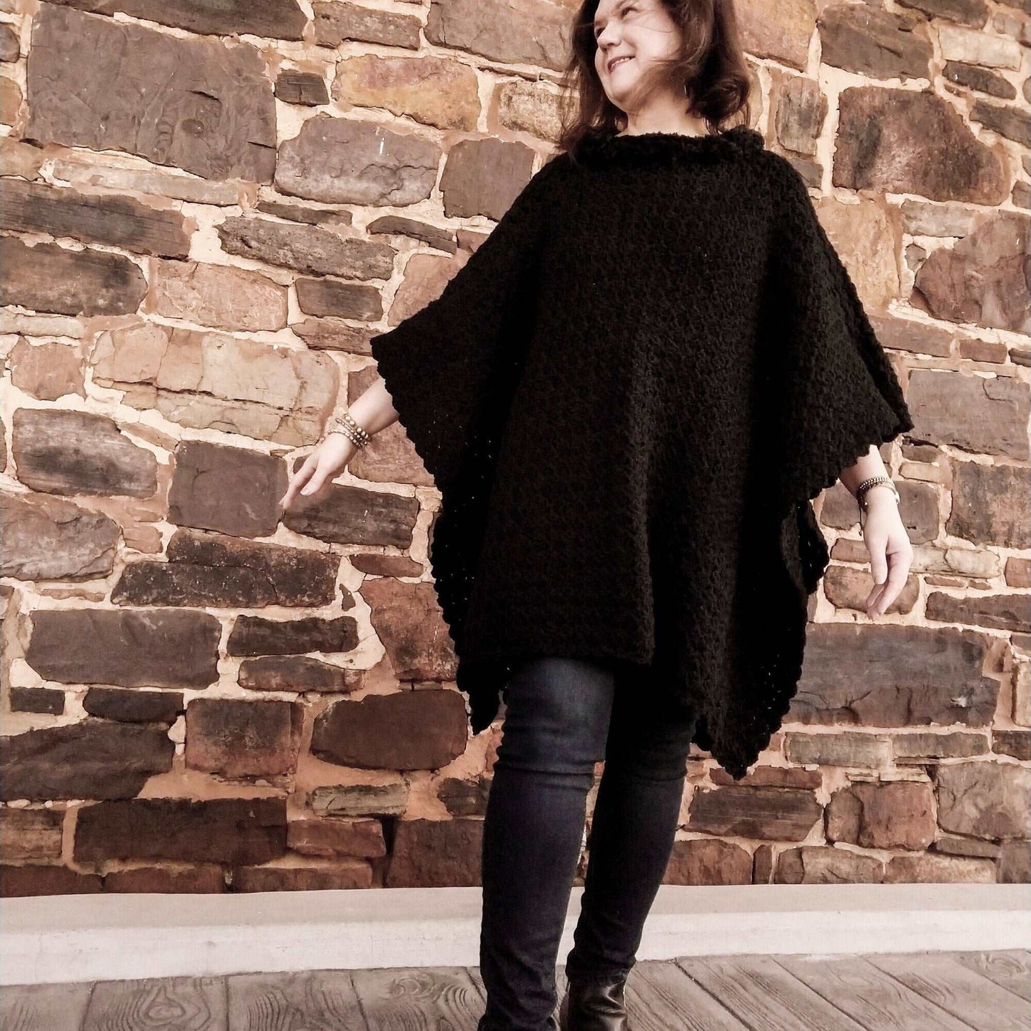 Black Poncho with Faux Fur Trim