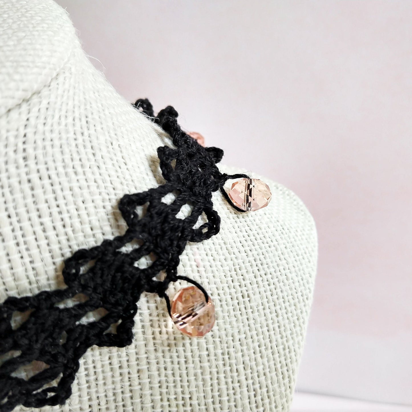 Black Beaded Lace Choker Necklace with Peach Beads
