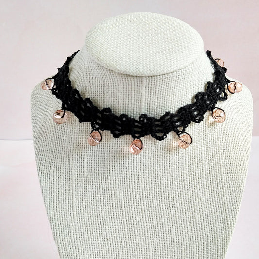 Black Beaded Lace Choker Necklace with Peach Beads